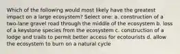 Which of the following would most likely have the greatest impact on a large ecosystem? Select one: a. construction of a two-lane gravel road through the middle of the ecosystem b. loss of a keystone species from the ecosystem c. construction of a lodge and trails to permit better access for ecotourists d. allow the ecosystem to burn on a natural cycle