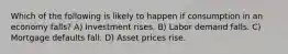 Which of the following is likely to happen if consumption in an economy falls? A) Investment rises. B) Labor demand falls. C) Mortgage defaults fall. D) Asset prices rise.