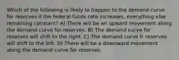 Which of the following is likely to happen to the demand curve for reserves if the federal funds rate increases, everything else remaining constant? A) There will be an upward movement along the demand curve for reserves. B) The demand curve for reserves will shift to the right. C) The demand curve fr reserves will shift to the left. D) There will be a downward movement along the demand curve for reserves.