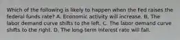 Which of the following is likely to happen when the Fed raises the federal funds rate? A. Economic activity will increase. B, The labor demand curve shifts to the left. C. The labor demand curve shifts to the right. D. The long-term interest rate will fall.