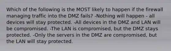 Which of the following is the MOST likely to happen if the firewall managing traffic into the DMZ fails? -Nothing will happen - all devices will stay protected. -All devices in the DMZ and LAN will be compromised. -The LAN is compromised, but the DMZ stays protected. -Only the servers in the DMZ are compromised, but the LAN will stay protected.