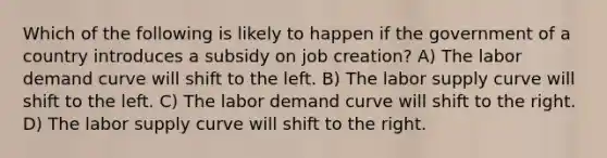 Which of the following is likely to happen if the government of a country introduces a subsidy on job creation? A) The labor demand curve will shift to the left. B) The labor supply curve will shift to the left. C) The labor demand curve will shift to the right. D) The labor supply curve will shift to the right.