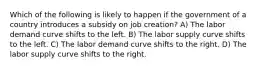 Which of the following is likely to happen if the government of a country introduces a subsidy on job creation? A) The labor demand curve shifts to the left. B) The labor supply curve shifts to the left. C) The labor demand curve shifts to the right. D) The labor supply curve shifts to the right.