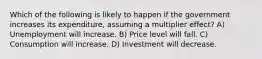 Which of the following is likely to happen if the government increases its expenditure, assuming a multiplier effect? A) Unemployment will increase. B) Price level will fall. C) Consumption will increase. D) Investment will decrease.