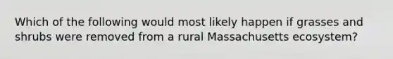 Which of the following would most likely happen if grasses and shrubs were removed from a rural Massachusetts ecosystem?