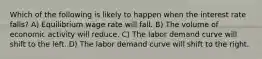 Which of the following is likely to happen when the interest rate falls? A) Equilibrium wage rate will fall. B) The volume of economic activity will reduce. C) The labor demand curve will shift to the left. D) The labor demand curve will shift to the right.