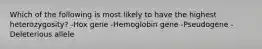 Which of the following is most likely to have the highest heterozygosity? -Hox gene -Hemoglobin gene -Pseudogene -Deleterious allele