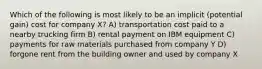 Which of the following is most likely to be an implicit (potential gain) cost for company X? A) transportation cost paid to a nearby trucking firm B) rental payment on IBM equipment C) payments for raw materials purchased from company Y D) forgone rent from the building owner and used by company X