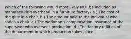 Which of the following would most likely NOT be included as manufacturing overhead in a furniture factory? a.) The cost of the glue in a chair. b.) The amount paid to the individual who stains a chair. c.) The workman's compensation insurance of the supervisor who oversees production. d.) The factory utilities of the department in which production takes place.