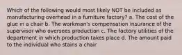 Which of the following would most likely NOT be included as manufacturing overhead in a furniture factory? a. The cost of the glue in a chair b. The workman's compensation insurance of the supervisor who oversees production c. The factory utilities of the department in which production takes place d. The amount paid to the individual who stains a chair