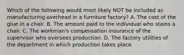 Which of the following would most likely NOT be included as manufacturing overhead in a furniture factory? A. The cost of the glue in a chair. B. The amount paid to the individual who stains a chair. C. The workman's compensation insurance of the supervisor who oversees production. D. The factory utilities of the department in which production takes place.