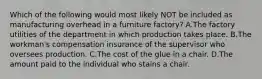 Which of the following would most likely NOT be included as manufacturing overhead in a furniture factory? A.The factory utilities of the department in which production takes place. B.The workman's compensation insurance of the supervisor who oversees production. C.The cost of the glue in a chair. D.The amount paid to the individual who stains a chair.