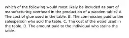 Which of the following would most likely be included as part of manufacturing overhead in the production of a wooden table? A. The cost of glue used in the table. B. The commission paid to the salesperson who sold the table. C. The cost of the wood used in the table. D. The amount paid to the individual who stains the table.