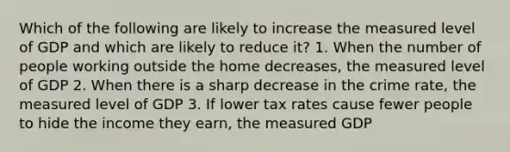 Which of the following are likely to increase the measured level of GDP and which are likely to reduce​ it? 1. When the number of people working outside the home decreases​, the measured level of GDP 2. When there is a sharp decrease in the crime​ rate, the measured level of GDP 3. If lower tax rates cause fewer people to hide the income they​ earn, the measured GDP