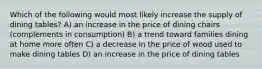 Which of the following would most likely increase the supply of dining tables? A) an increase in the price of dining chairs (complements in consumption) B) a trend toward families dining at home more often C) a decrease in the price of wood used to make dining tables D) an increase in the price of dining tables