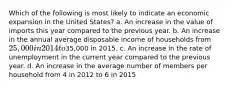 Which of the following is most likely to indicate an economic expansion in the United States? a. An increase in the value of imports this year compared to the previous year. b. An increase in the annual average disposable income of households from 25,000 in 2014 to35,000 in 2015. c. An increase in the rate of unemployment in the current year compared to the previous year. d. An increase in the average number of members per household from 4 in 2012 to 6 in 2015