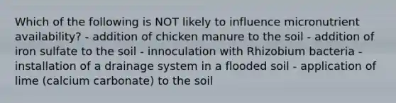 Which of the following is NOT likely to influence micronutrient availability? - addition of chicken manure to the soil - addition of iron sulfate to the soil - innoculation with Rhizobium bacteria - installation of a drainage system in a flooded soil - application of lime (calcium carbonate) to the soil