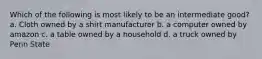 Which of the following is most likely to be an intermediate good? a. Cloth owned by a shirt manufacturer b. a computer owned by amazon c. a table owned by a household d. a truck owned by Penn State