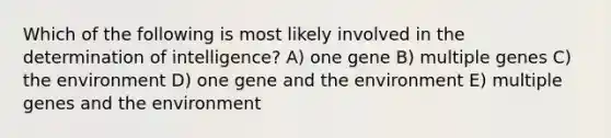 Which of the following is most likely involved in the determination of intelligence? A) one gene B) multiple genes C) the environment D) one gene and the environment E) multiple genes and the environment