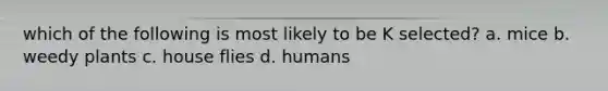 which of the following is most likely to be K selected? a. mice b. weedy plants c. house flies d. humans