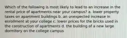 Which of the following is most likely to lead to an increase in the rental price of apartments near your campus? a. lower property taxes on apartment buildings b. an unexpected increase in enrollment at your college c. lower prices for the bricks used in the construction of apartments d. the building of a new large dormitory on the college campus