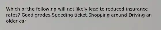 Which of the following will not likely lead to reduced insurance rates? Good grades Speeding ticket Shopping around Driving an older car