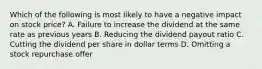 Which of the following is most likely to have a negative impact on stock​ price? A. Failure to increase the dividend at the same rate as previous years B. Reducing the dividend payout ratio C. Cutting the dividend per share in dollar terms D. Omitting a stock repurchase offer