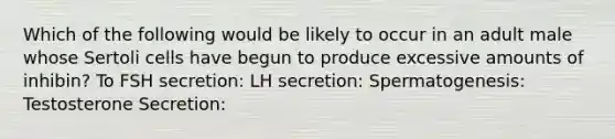 Which of the following would be likely to occur in an adult male whose Sertoli cells have begun to produce excessive amounts of inhibin? To FSH secretion: LH secretion: Spermatogenesis: Testosterone Secretion: