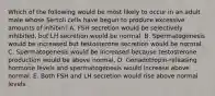 Which of the following would be most likely to occur in an adult male whose Sertoli cells have begun to produce excessive amounts of inhibin? A. FSH secretion would be selectively inhibited, but LH secretion would be normal. B. Spermatogenesis would be increased but testosterone secretion would be normal. C. Spermatogenesis would be increased because testosterone production would be above normal. D. Gonadotropin-releasing hormone levels and spermatogenesis would increase above normal. E. Both FSH and LH secretion would rise above normal levels.