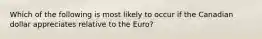 Which of the following is most likely to occur if the Canadian dollar appreciates relative to the Euro?