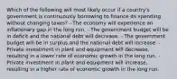 Which of the following will most likely occur if a country's government is continuously borrowing to finance its spending without changing taxes? - The economy will experience an inflationary gap in the long run. - The government budget will be in deficit and the national debt will decrease. - The government budget will be in surplus and the national debt will increase. - Private investment in plant and equipment will decrease, resulting in a lower rate of economic growth in the long run. - Private investment in plant and equipment will increase, resulting in a higher rate of economic growth in the long run.