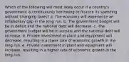 Which of the following will most likely occur if a country's government is continuously borrowing to finance its spending without changing taxes? a. The economy will experience an inflationary gap in the long run. b. The government budget will be in deficit and the national debt will decrease. c. The government budget will be in surplus and the national debt will increase. d. Private investment in plant and equipment will decrease, resulting in a lower rate of economic growth in the long run. e. Private investment in plant and equipment will increase, resulting in a higher rate of economic growth in the long run.