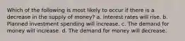 Which of the following is most likely to occur if there is a decrease in the supply of money? a. Interest rates will rise. b. Planned investment spending will increase. c. The demand for money will increase. d. The demand for money will decrease.