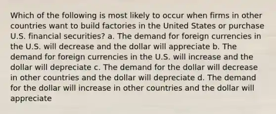 Which of the following is most likely to occur when firms in other countries want to build factories in the United States or purchase U.S. financial securities? a. The demand for foreign currencies in the U.S. will decrease and the dollar will appreciate b. The demand for foreign currencies in the U.S. will increase and the dollar will depreciate c. The demand for the dollar will decrease in other countries and the dollar will depreciate d. The demand for the dollar will increase in other countries and the dollar will appreciate