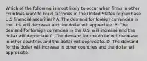 Which of the following is most likely to occur when firms in other countries want to build factories in the United States or purchase U.S financial securities? A. The demand for foreign currencies in the U.S. will decrease and the dollar will appreciate. B. The demand for foreign currencies in the U.S. will increase and the dollar will depreciate C. The demand for the dollar will decrease in other countries and the dollar will depreciate. D. The demand for the dollar will increase in other countries and the dollar will appreciate.