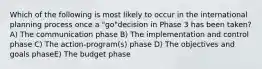 Which of the following is most likely to occur in the international planning process once a "go"decision in Phase 3 has been taken? A) The communication phase B) The implementation and control phase C) The action-program(s) phase D) The objectives and goals phaseE) The budget phase