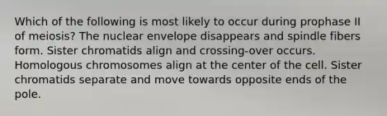 Which of the following is most likely to occur during prophase II of meiosis? The nuclear envelope disappears and spindle fibers form. Sister chromatids align and crossing-over occurs. Homologous chromosomes align at the center of the cell. Sister chromatids separate and move towards opposite ends of the pole.