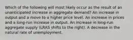 Which of the following will most likely occur as the result of an unanticipated increase in aggregate demand? An increase in output and a move to a higher price level. An increase in prices and a long-run increase in output. An increase in long-run aggregate supply (LRAS shifts to the right). A decrease in the natural rate of unemployment.