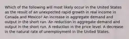 Which of the following will most likely occur in the United States as the result of an unexpected rapid growth in real income in Canada and Mexico? An increase in aggregate demand and output in the short run. An reduction in aggregate demand and output in the short run. A reduction in the price level. A decrease in the natural rate of unemployment in the United States.