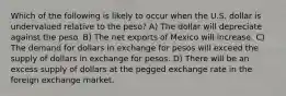 Which of the following is likely to occur when the U.S. dollar is undervalued relative to the peso? A) The dollar will depreciate against the peso. B) The net exports of Mexico will increase. C) The demand for dollars in exchange for pesos will exceed the supply of dollars in exchange for pesos. D) There will be an excess supply of dollars at the pegged exchange rate in the foreign exchange market.