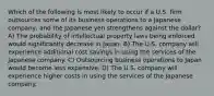 Which of the following is most likely to occur if a U.S. firm outsources some of its business operations to a Japanese company, and the Japanese yen strengthens against the dollar? A) The probability of intellectual property laws being enforced would significantly decrease in Japan. B) The U.S. company will experience additional cost savings in using the services of the Japanese company. C) Outsourcing business operations to Japan would become less expensive. D) The U.S. company will experience higher costs in using the services of the Japanese company.