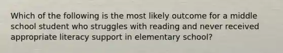 Which of the following is the most likely outcome for a middle school student who struggles with reading and never received appropriate literacy support in elementary school?