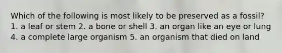 Which of the following is most likely to be preserved as a fossil? 1. a leaf or stem 2. a bone or shell 3. an organ like an eye or lung 4. a complete large organism 5. an organism that died on land