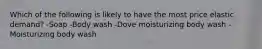 Which of the following is likely to have the most price elastic demand? -Soap -Body wash -Dove moisturizing body wash -Moisturizing body wash