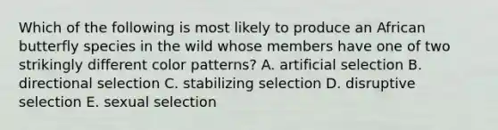 Which of the following is most likely to produce an African butterfly species in the wild whose members have one of two strikingly different color patterns? A. artificial selection B. directional selection C. stabilizing selection D. disruptive selection E. sexual selection