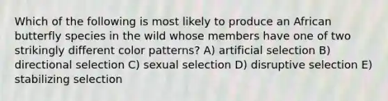 Which of the following is most likely to produce an African butterfly species in the wild whose members have one of two strikingly different color patterns? A) artificial selection B) directional selection C) sexual selection D) disruptive selection E) stabilizing selection