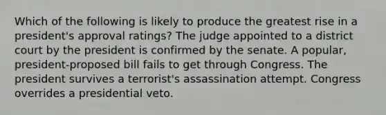 Which of the following is likely to produce the greatest rise in a president's approval ratings? The judge appointed to a district court by the president is confirmed by the senate. A popular, president-proposed bill fails to get through Congress. The president survives a terrorist's assassination attempt. Congress overrides a presidential veto.