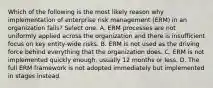 Which of the following is the most likely reason why implementation of enterprise risk management (ERM) in an organization fails? Select one. A. ERM processes are not uniformly applied across the organization and there is insufficient focus on key entity-wide risks. B. ERM is not used as the driving force behind everything that the organization does. C. ERM is not implemented quickly enough, usually 12 months or less. D. The full ERM framework is not adopted immediately but implemented in stages instead.