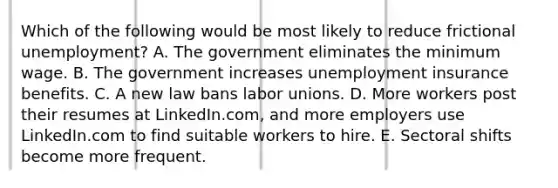 Which of the following would be most likely to reduce frictional unemployment? A. The government eliminates the minimum wage. B. The government increases unemployment insurance benefits. C. A new law bans labor unions. D. More workers post their resumes at LinkedIn.com, and more employers use LinkedIn.com to find suitable workers to hire. E. Sectoral shifts become more frequent.