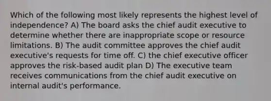 Which of the following most likely represents the highest level of independence? A) The board asks the chief audit executive to determine whether there are inappropriate scope or resource limitations. B) The audit committee approves the chief audit executive's requests for time off. C) the chief executive officer approves the risk-based audit plan D) The executive team receives communications from the chief audit executive on internal audit's performance.